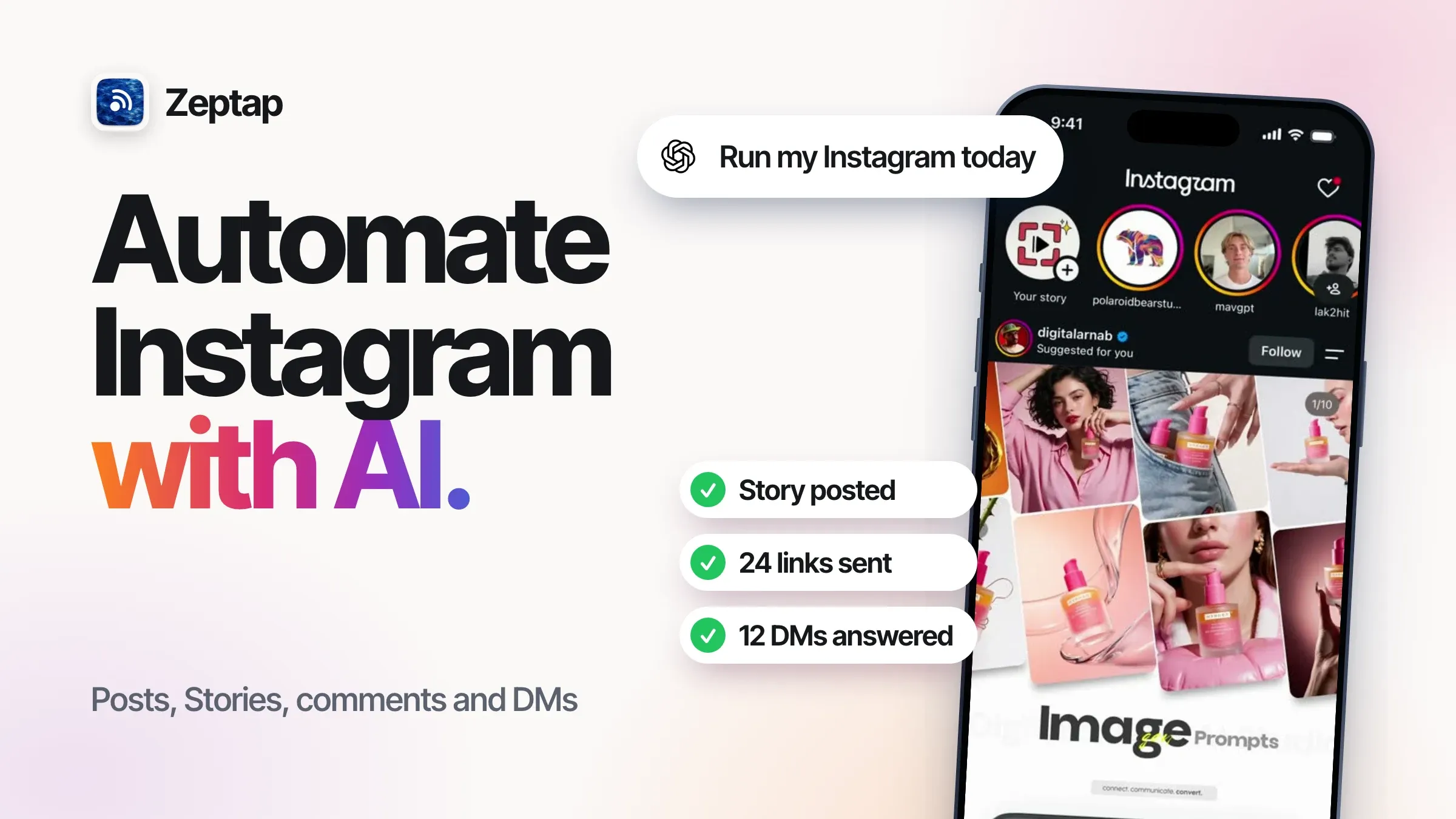 Automate Instagram with AI: ChatGPT runs Instagram on a real iPhone. Story posted, 24 links sent, 12 DMs answered.