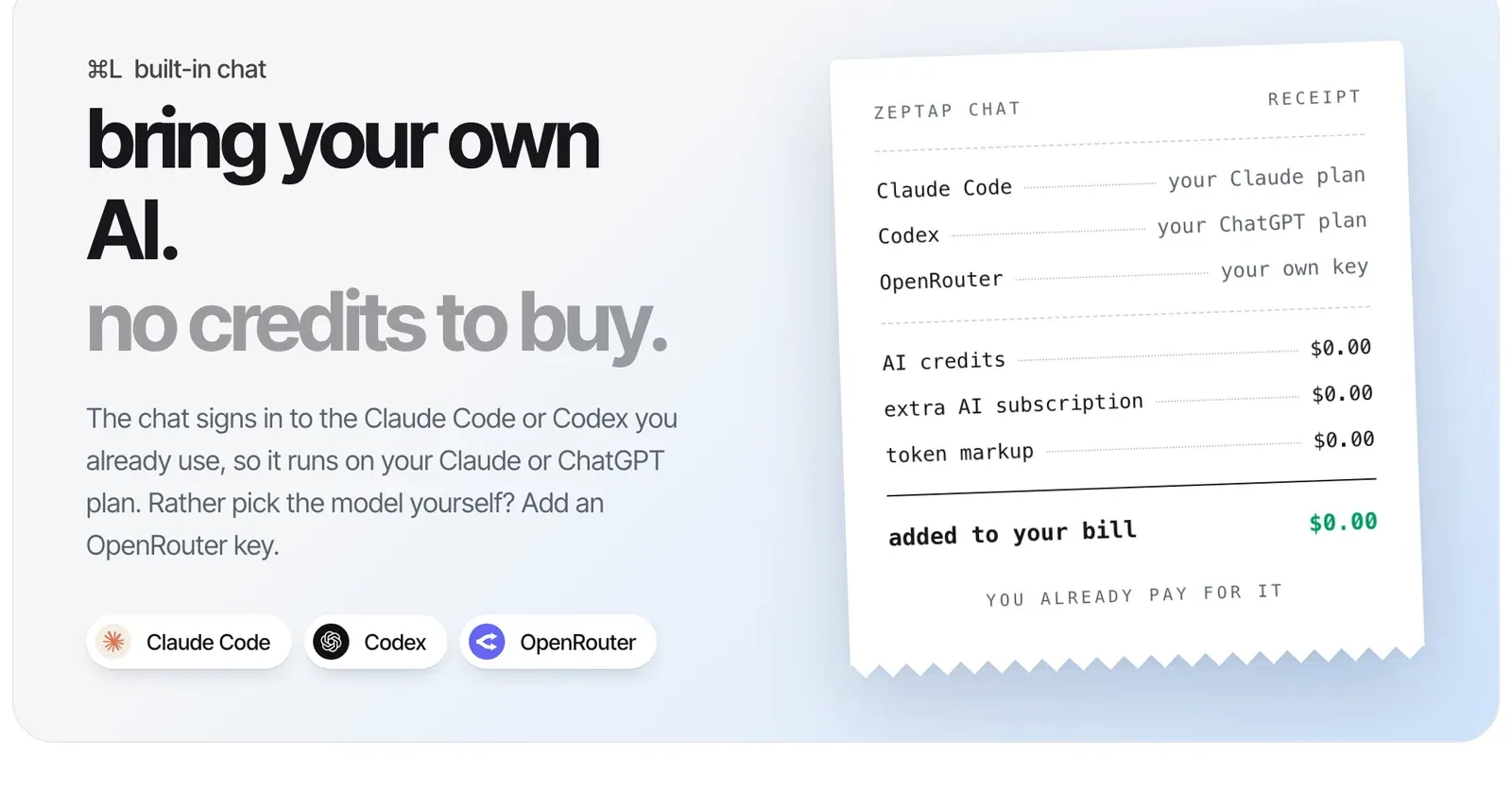 Zeptap card bring your own AI, no credits to buy, with a receipt showing $0.00 for AI credits, extra AI subscription and token markup.