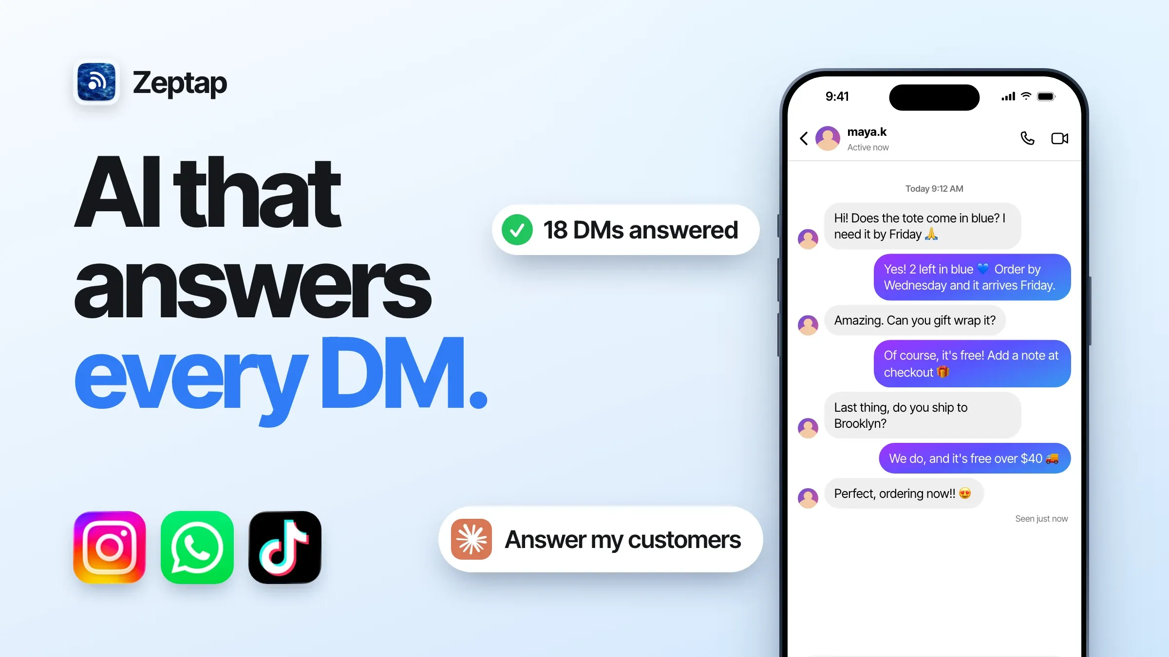 AI that answers every DM: an Instagram DM thread where your AI answers a customer about stock, gift wrapping and shipping, with 18 DMs answered.