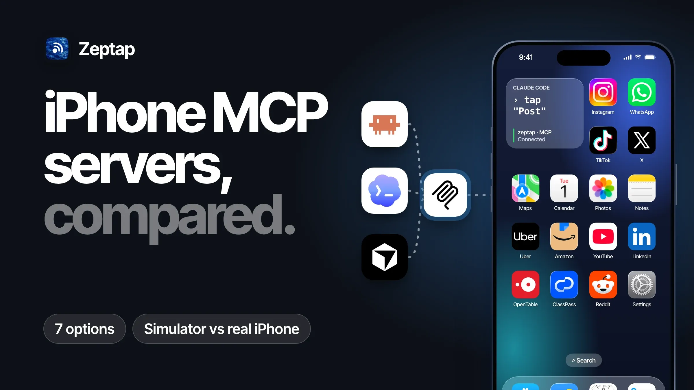iPhone MCP servers, compared: 7 options, simulator vs real iPhone. Claude Code, Codex and Cursor connect over MCP to a real iPhone home screen.